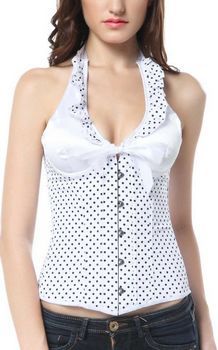 Black and white polka-dotted halter style overbust boned corset
